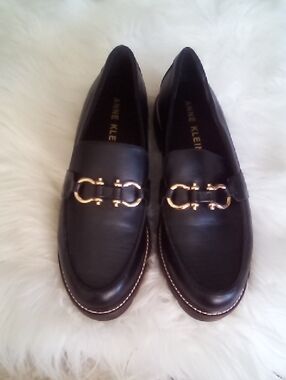 Anne Klein Faux  Black Leather Loafers with Gold  Horsebit Hardware